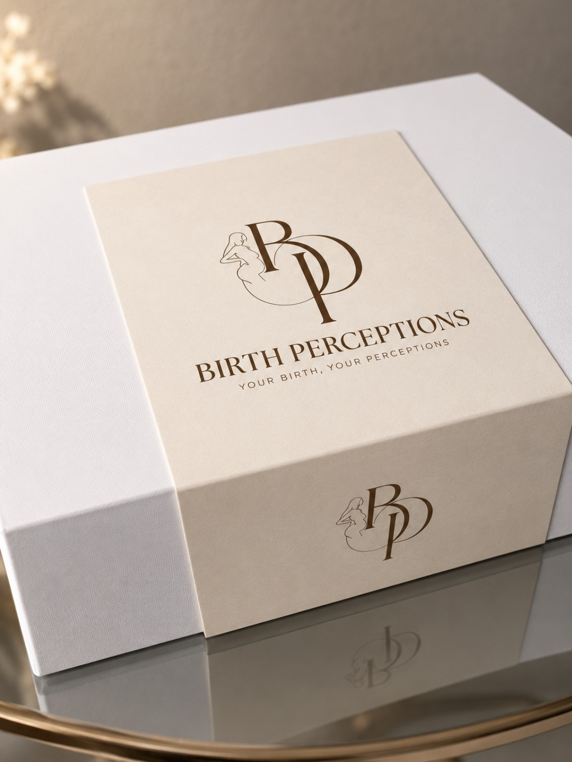 Closed Birth Perceptions white keepsake box with cream branded sleeve