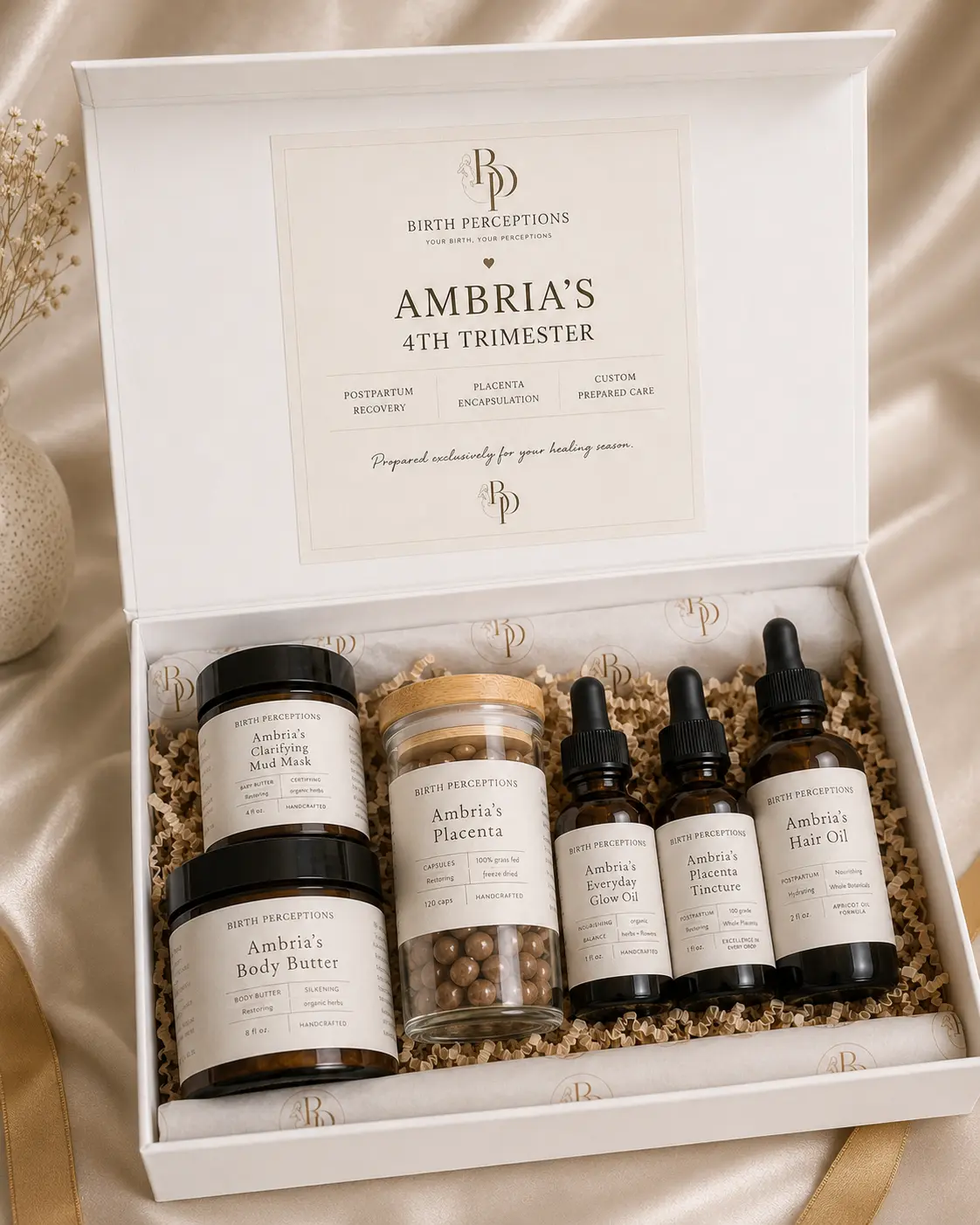 Ambria personalized Birth Perceptions placenta collection inside an open white keepsake box