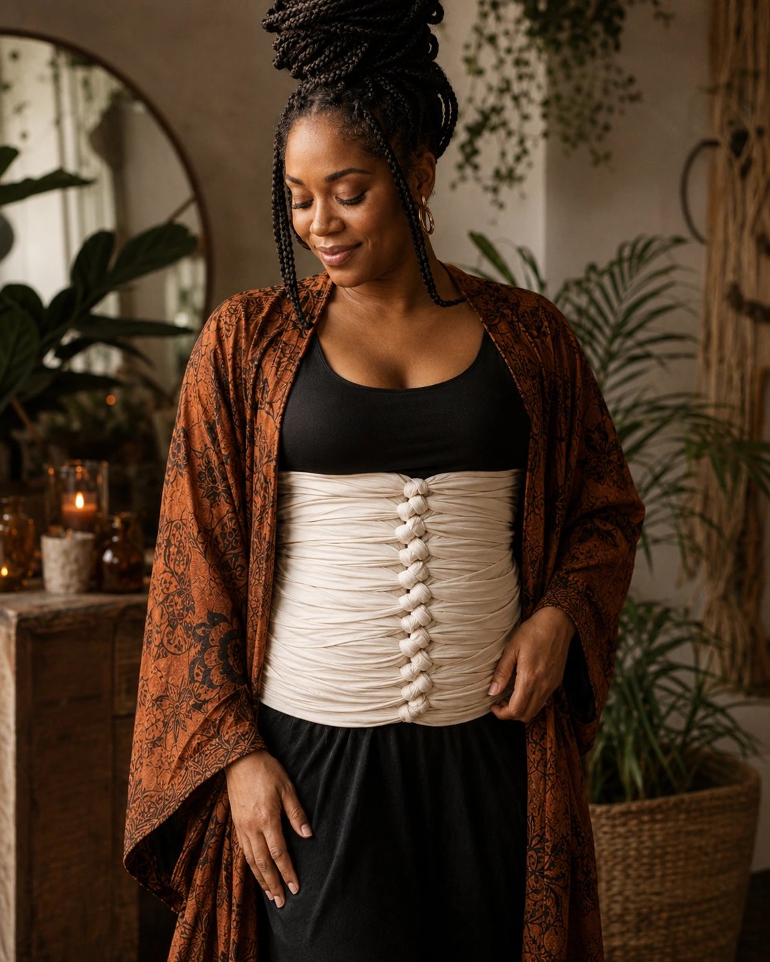 Postpartum mother wearing an ivory Bengkung wrap with a rust robe in a warm recovery room