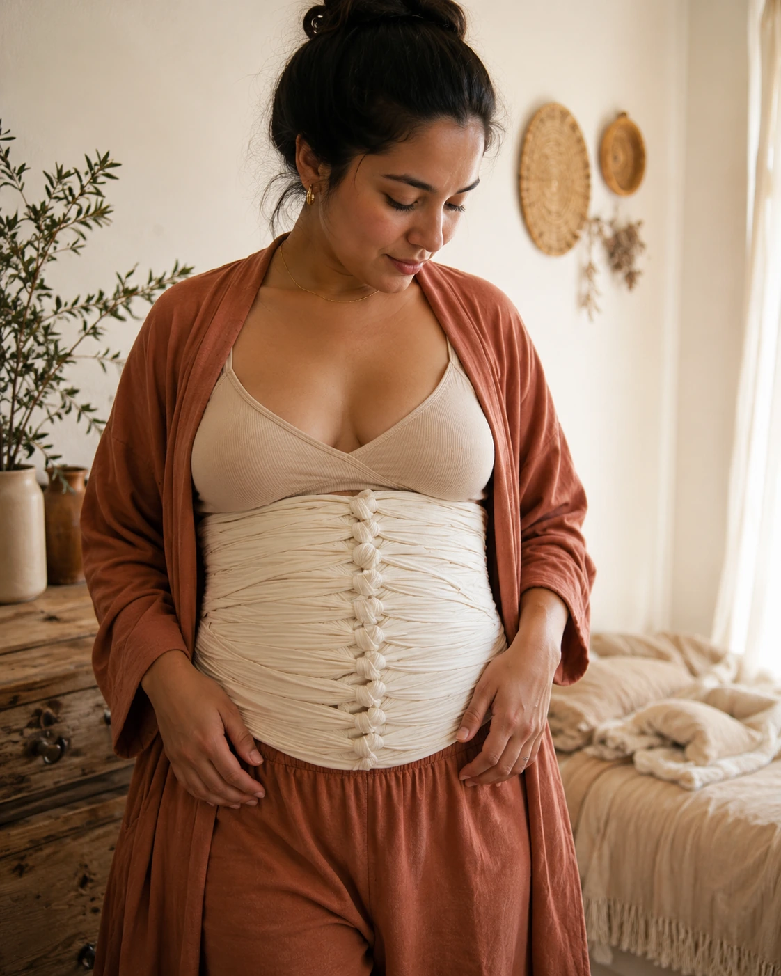 Postpartum mother wearing an ivory Bengkung belly wrap with rust-colored loungewear, looking down in a soft recovery pose