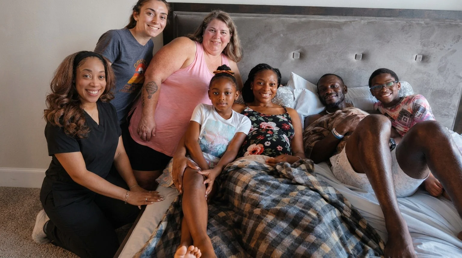 Postpartum family and support team gathered at home