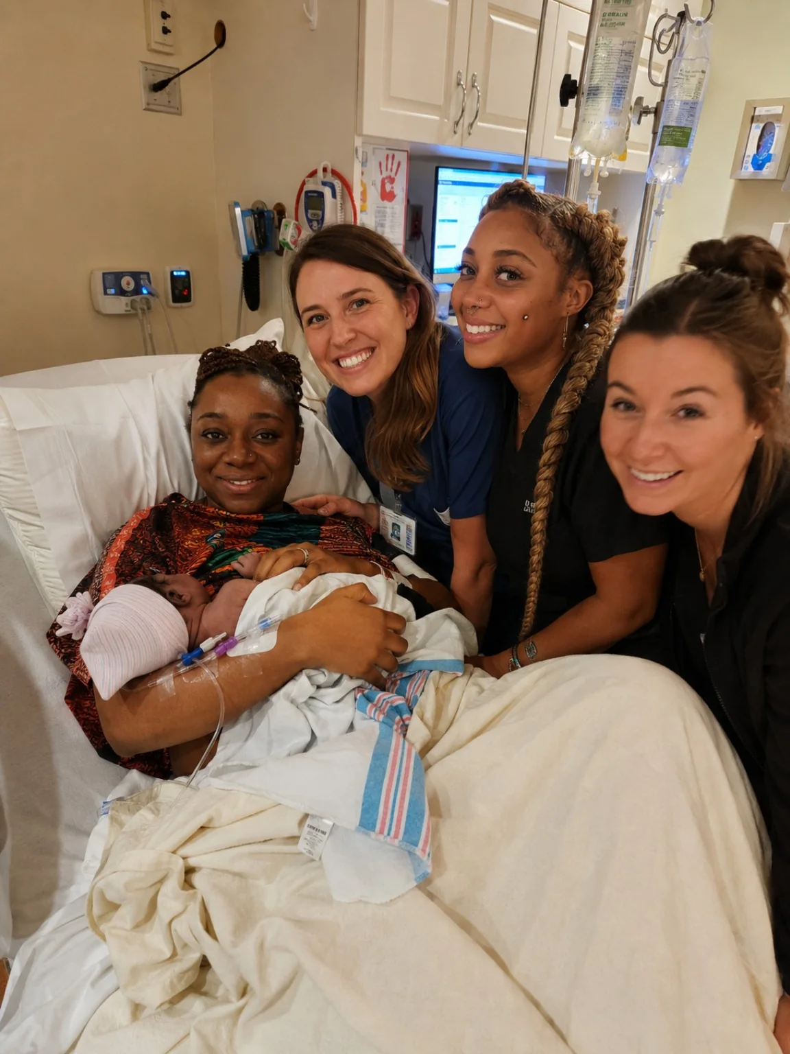 New mother and newborn surrounded by their care team