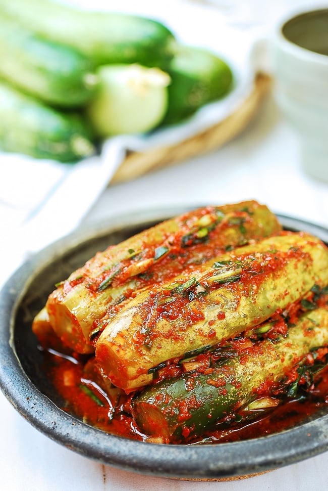 Cucumber kimchi with stuffed cucumbers and red pepper seasoning