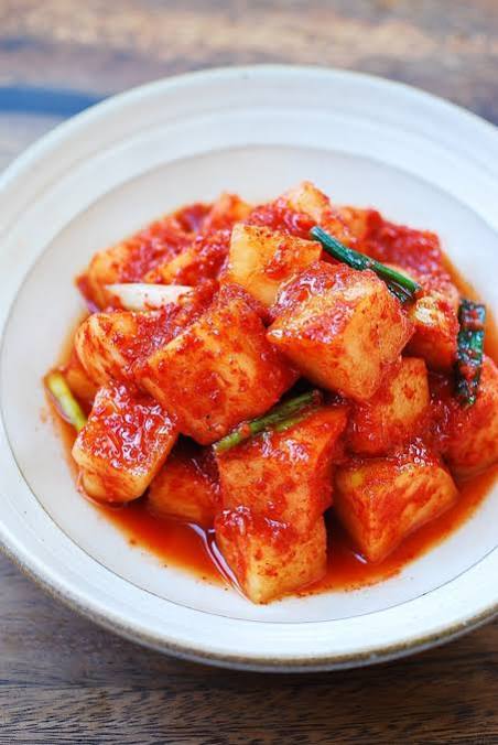 Radish kimchi with cubed Korean radish and scallions