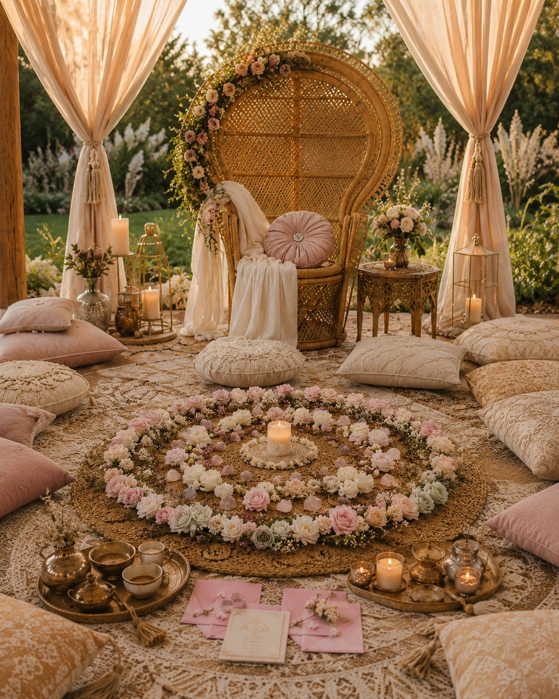 Styled Mother’s Blessing ceremony environment with matching blush and cream florals