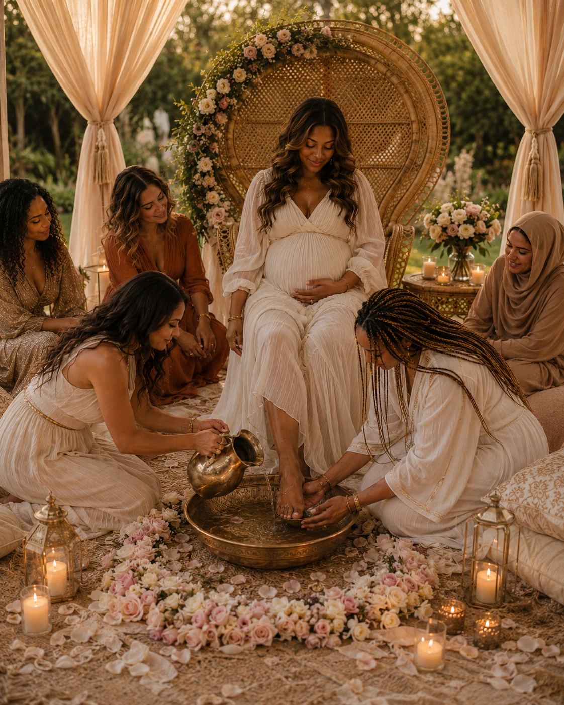 Ceremonial foot washing with matching blush and cream florals
