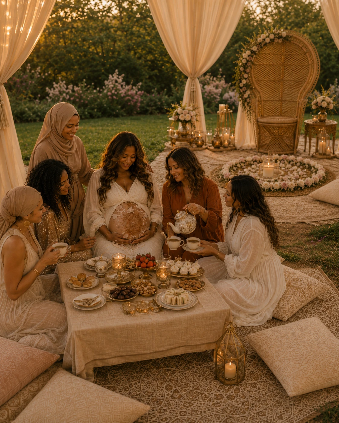 Mother’s Blessing tea gathering with tapas and matching floral styling