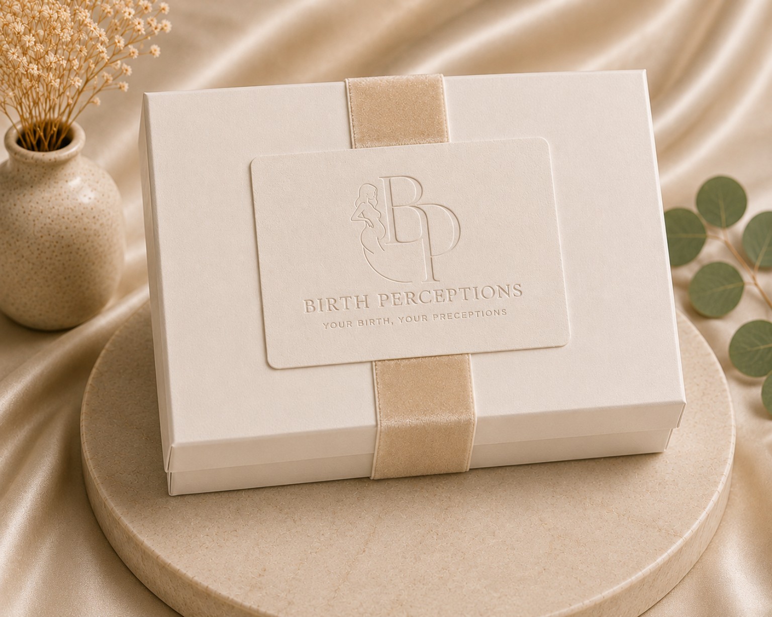 Closed Birth Perceptions ritual box with clean white exterior branding