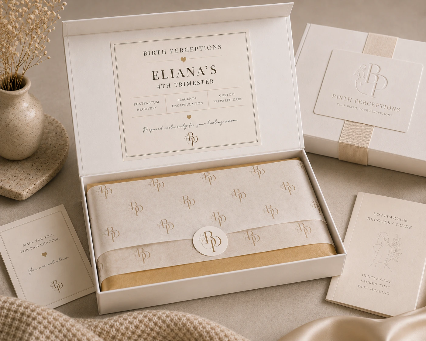 Open Birth Perceptions ritual box personalized for Eliana with branded tissue, gold ribbon, and thank-you card