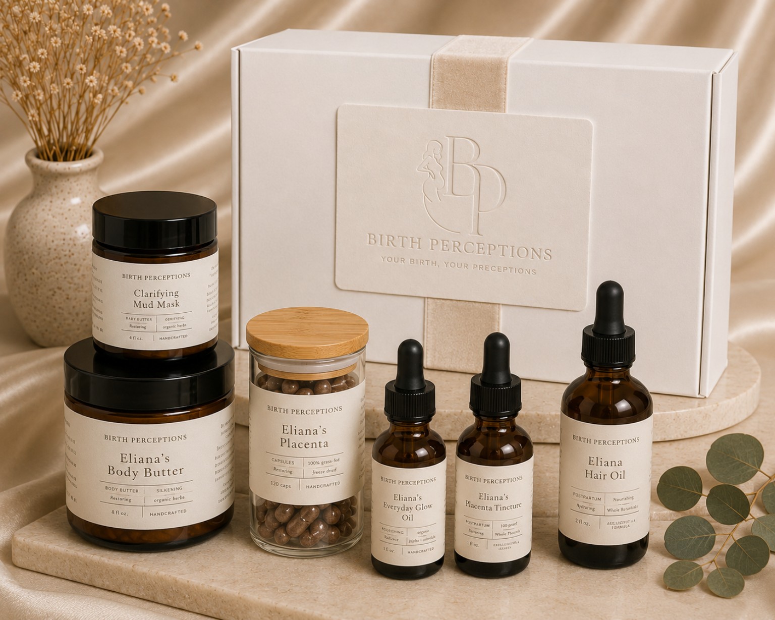 Eliana ritual box products — body butter, clarifying mud mask, glow oil, tincture, and hair oil