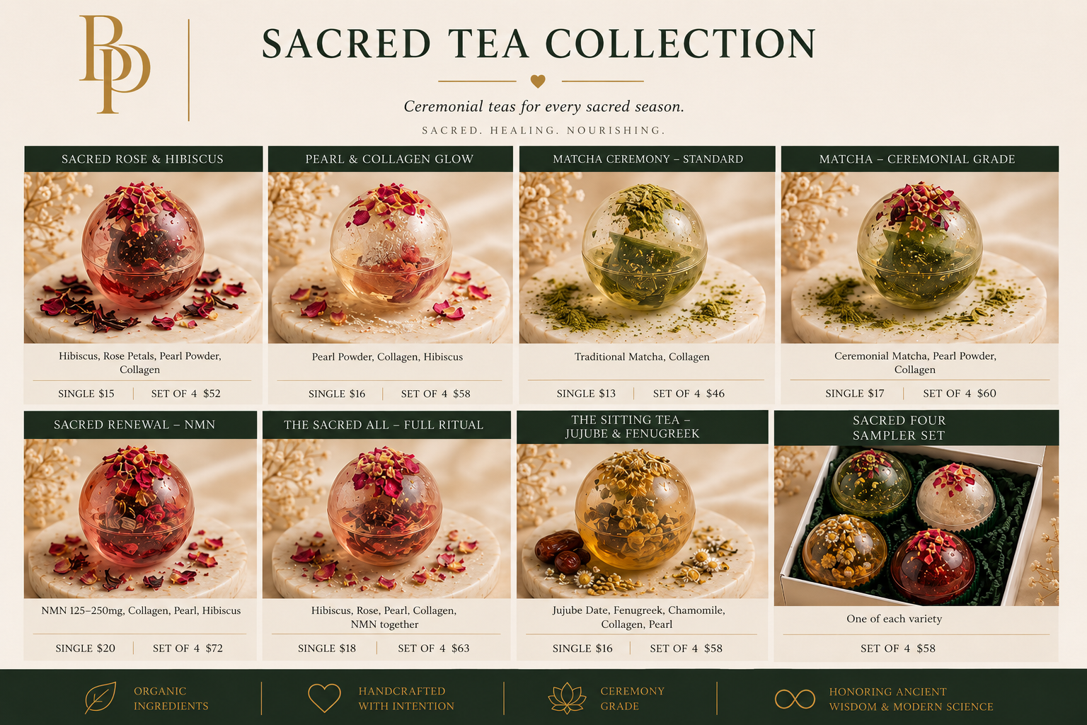 Sacred Tea Collection menu — all varieties