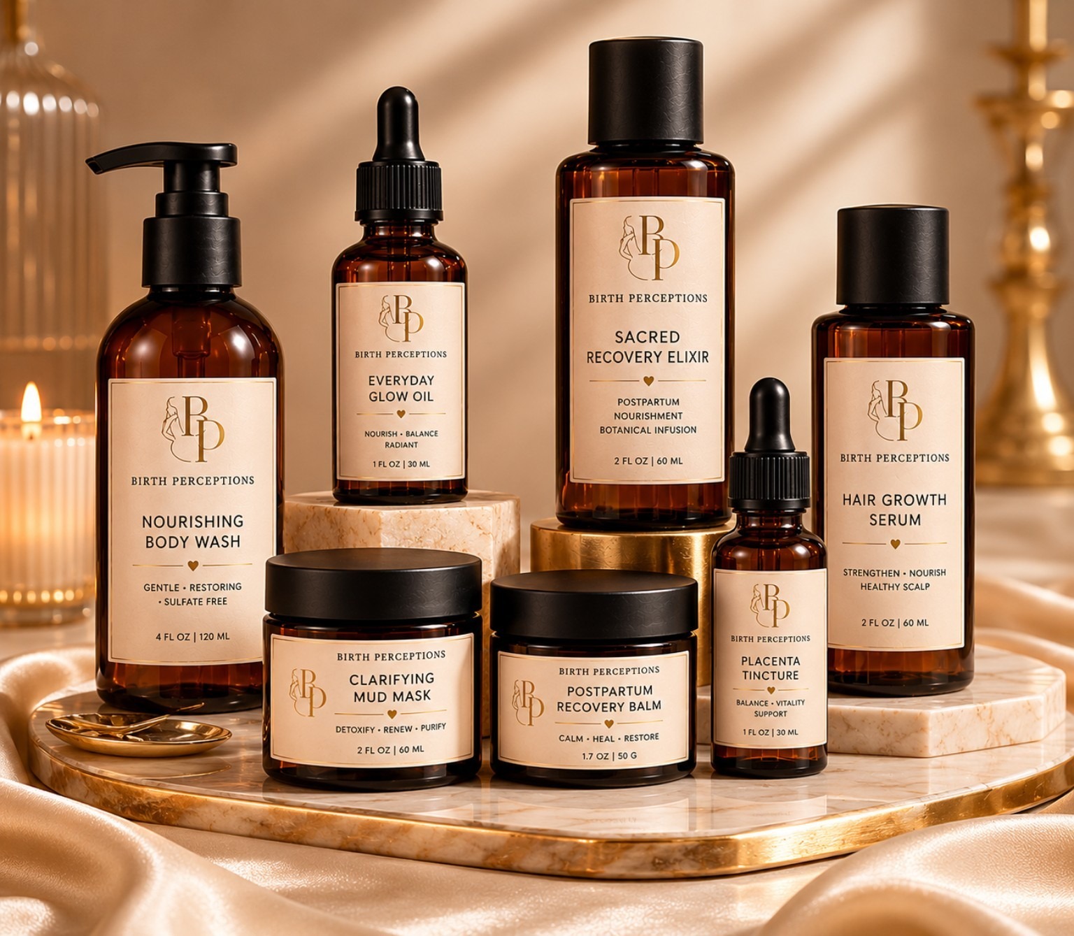 Birth Perceptions amber skincare products arranged on a gold display