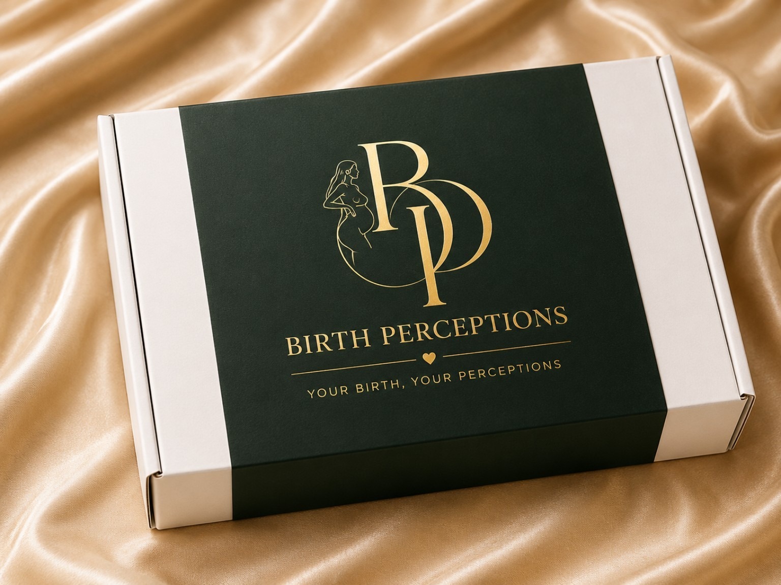 Birth Perceptions green and gold skincare collection with amber bottles